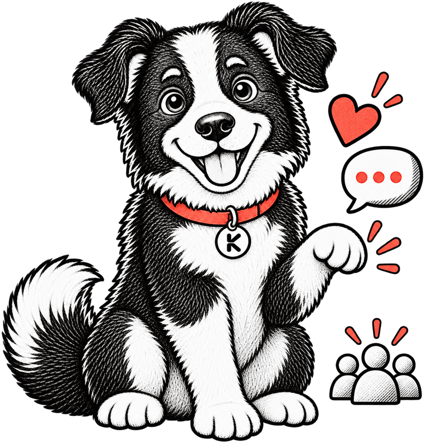 Scout, Klaar's mascot, waving beside a heart, chat bubble and group of people icons