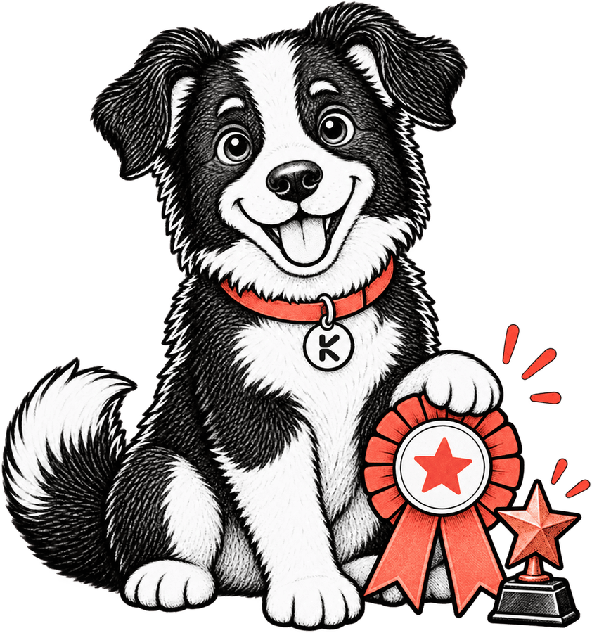 Scout, Klaar's mascot, holding an award ribbon beside a trophy